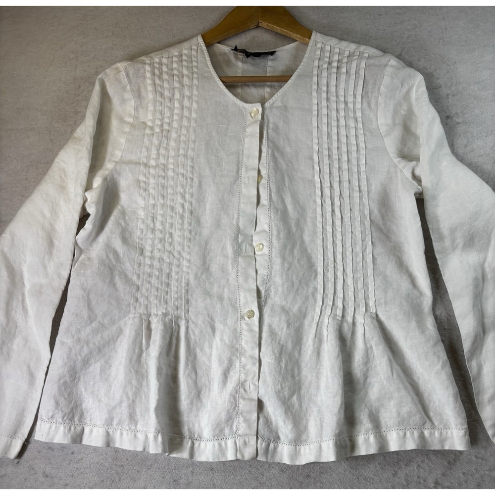 British Khaki White Linen Sz 14 Pintuck‎ Pleated Front Button Up Blouse L/SL